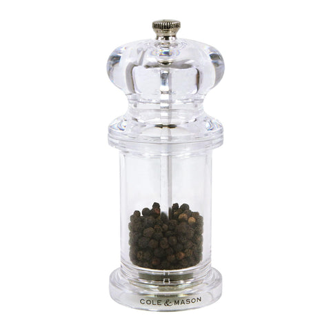 Cole & Mason 505 pepper mill with acrylic body for easy pepper monitoring and style.