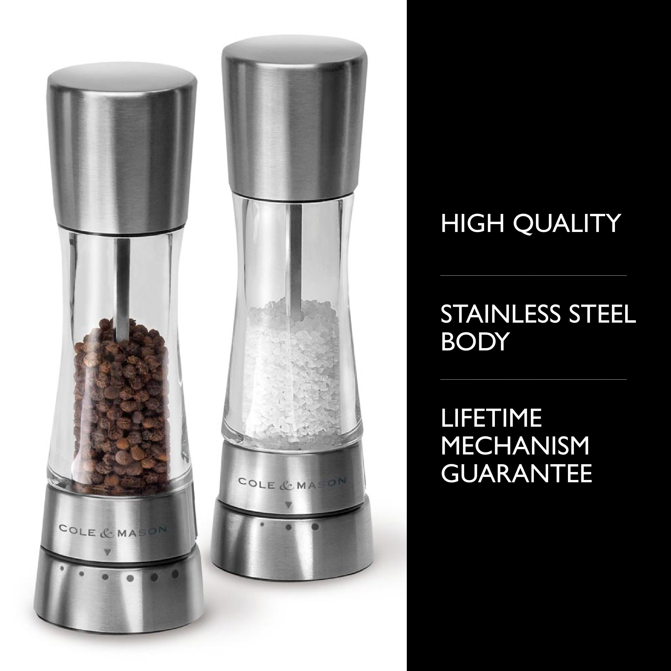 Cole and Mason Derwent adjustable grinders show multiple grind levels for precise flavor.