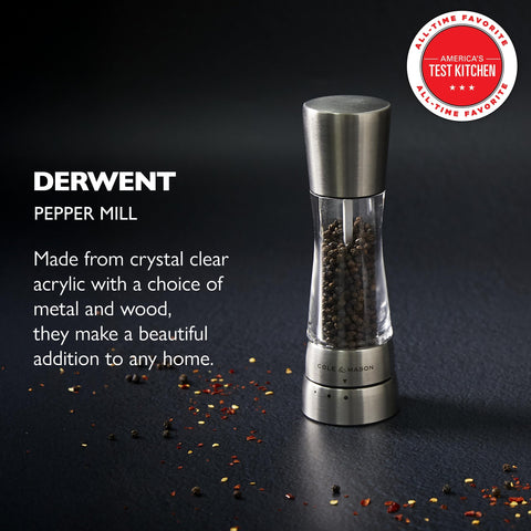 Cole & Mason Derwent pepper mill adjustable grinder shows six grind levels for versatility.