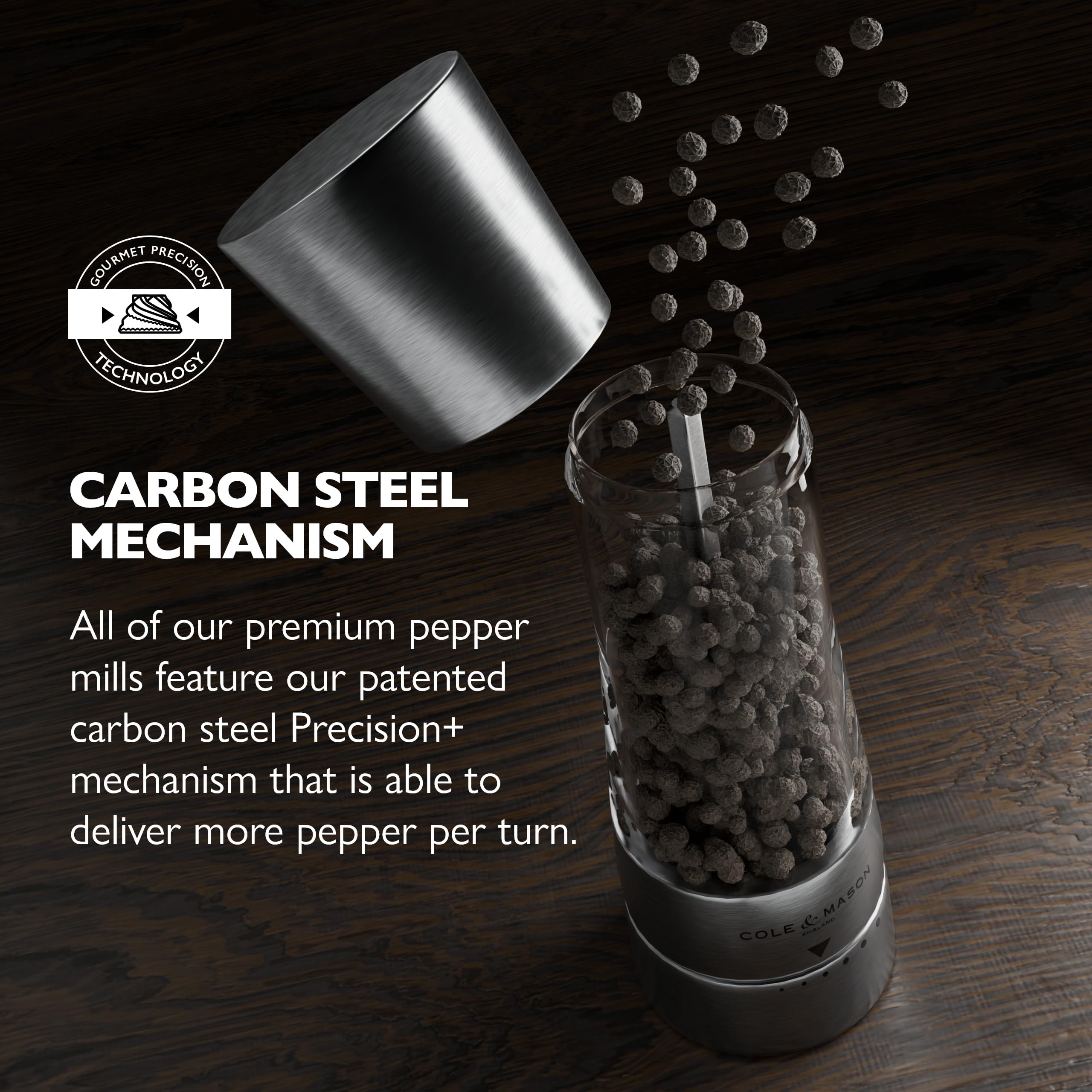 Cole & Mason Derwent pepper mill clear body reveals peppercorns for easy refills.