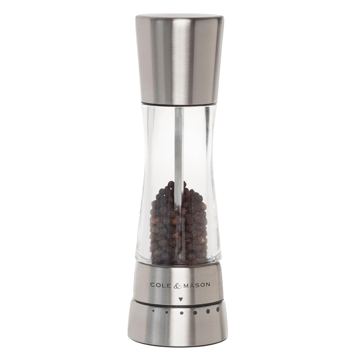 Cole & Mason Derwent pepper mill front view for precise seasoning control.