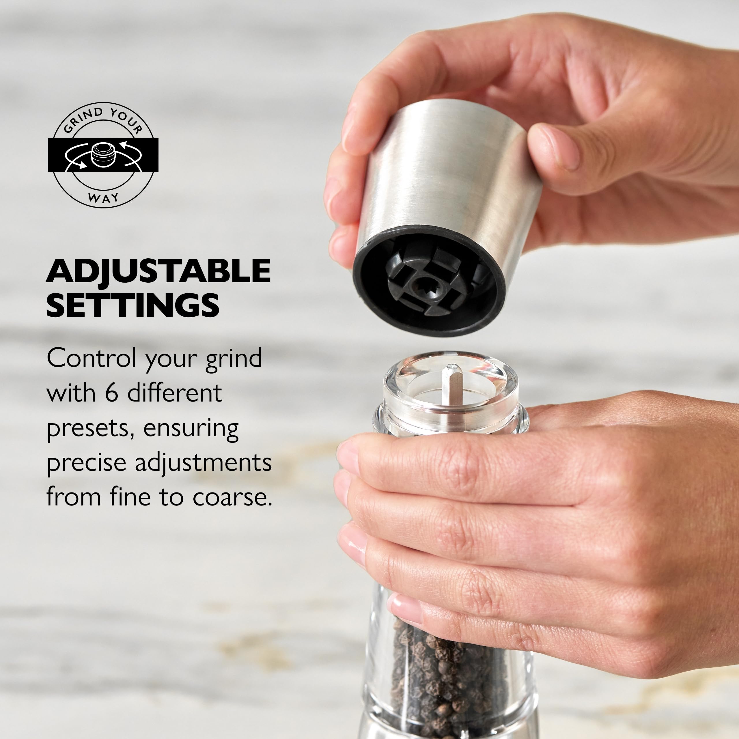 Cole & Mason Derwent pepper mill refill port for quick topping and use.