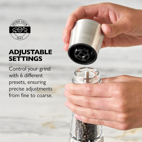 Cole & Mason Derwent pepper mill refill port for quick topping and use.
