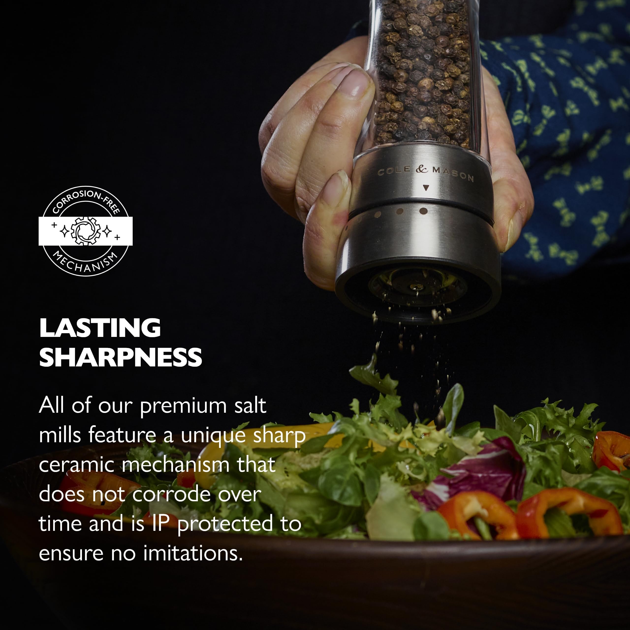 Cole & Mason Derwent pepper mill stainless steel detail highlights premium construction.