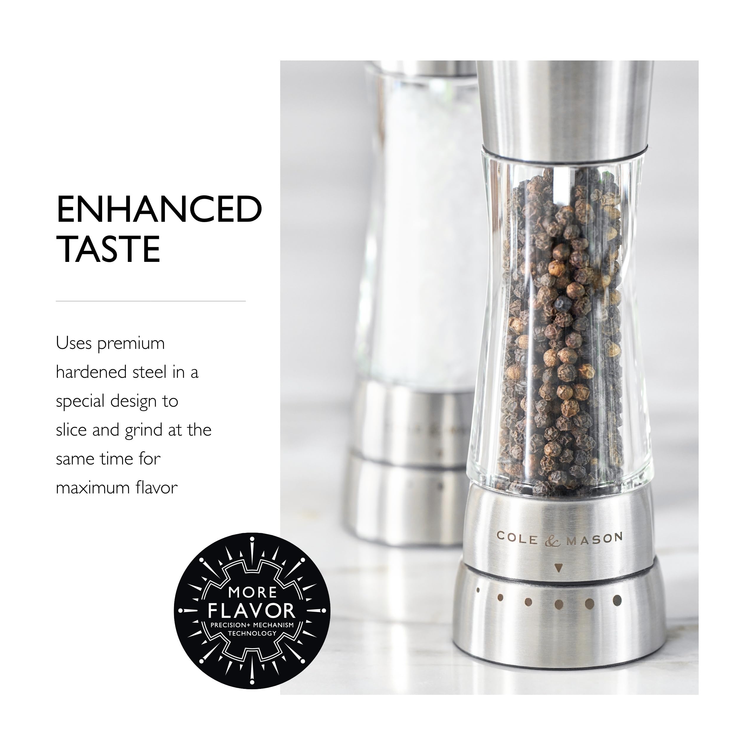 Cole and Mason Derwent stainless steel finish adds durability and premium look.