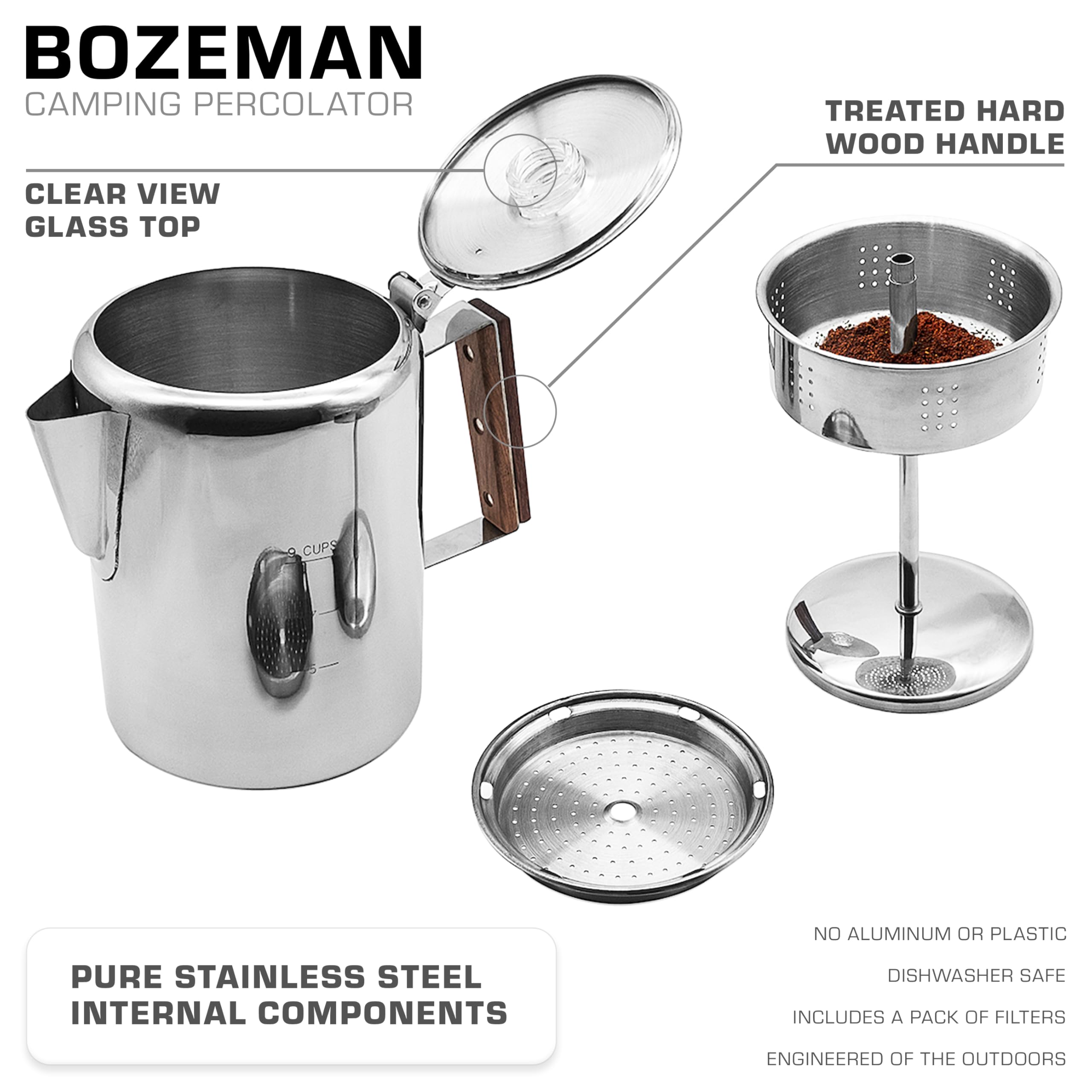 COLETTI Bozeman Percolator side view highlights durable stainless steel