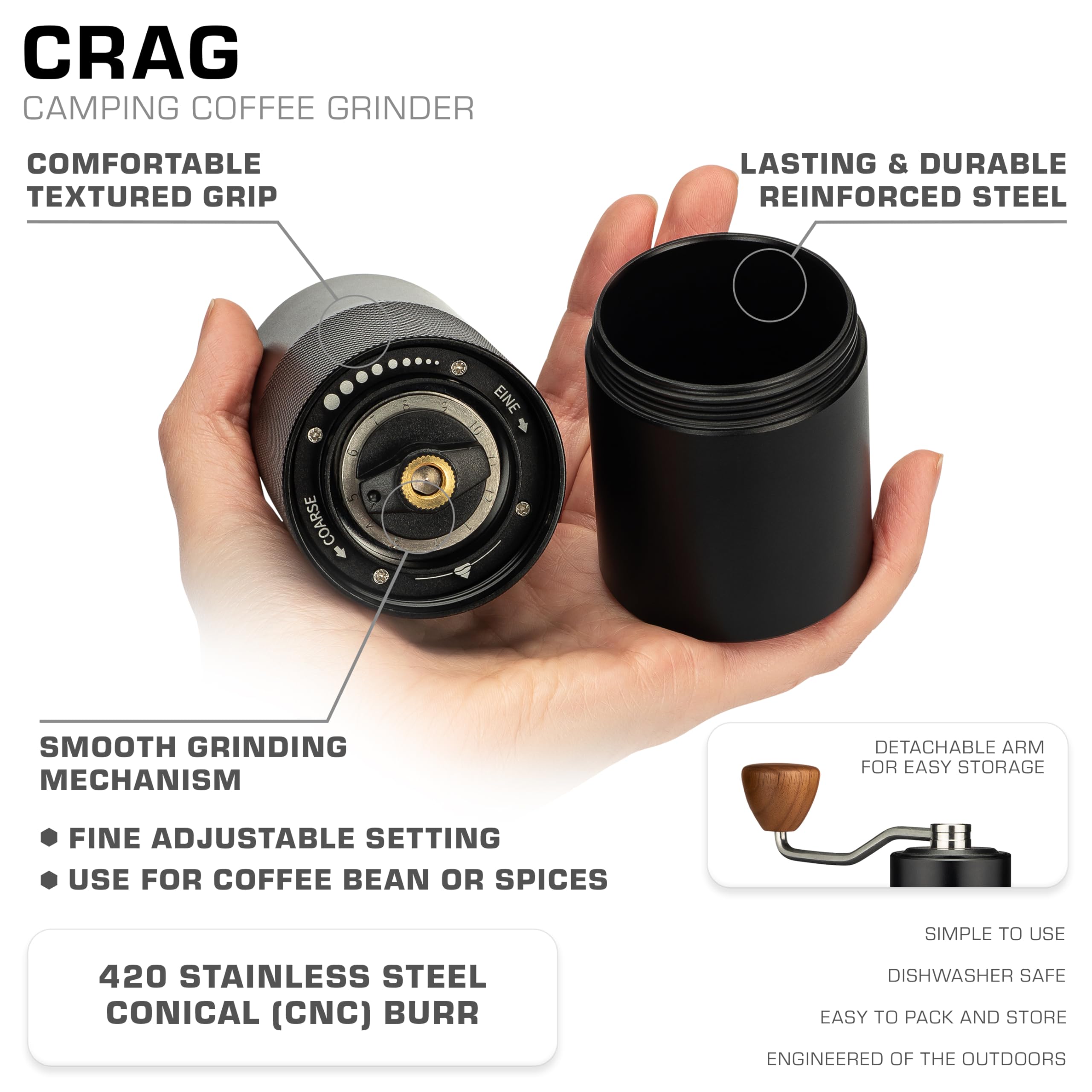 COLETTI Crag dial control shows precise grind settings for espresso and pour-over.