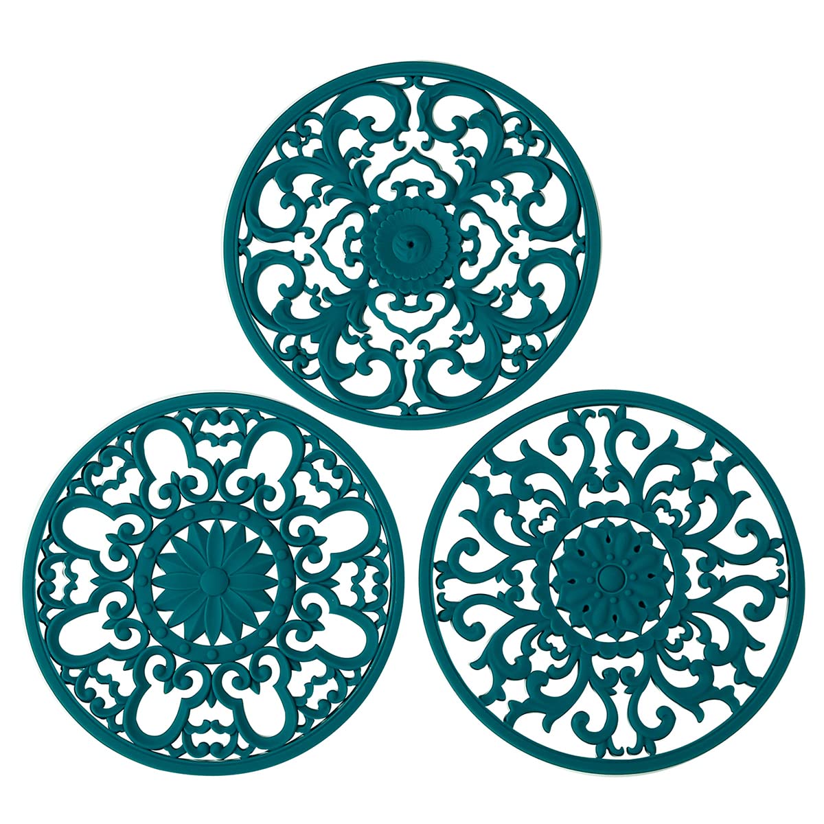 Colinda extra thick silicone trivet in teal protects surfaces with three decorative designs