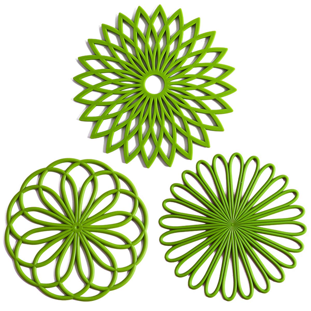 Colinda set of 3 silicone trivets with carved designs protects countertops.