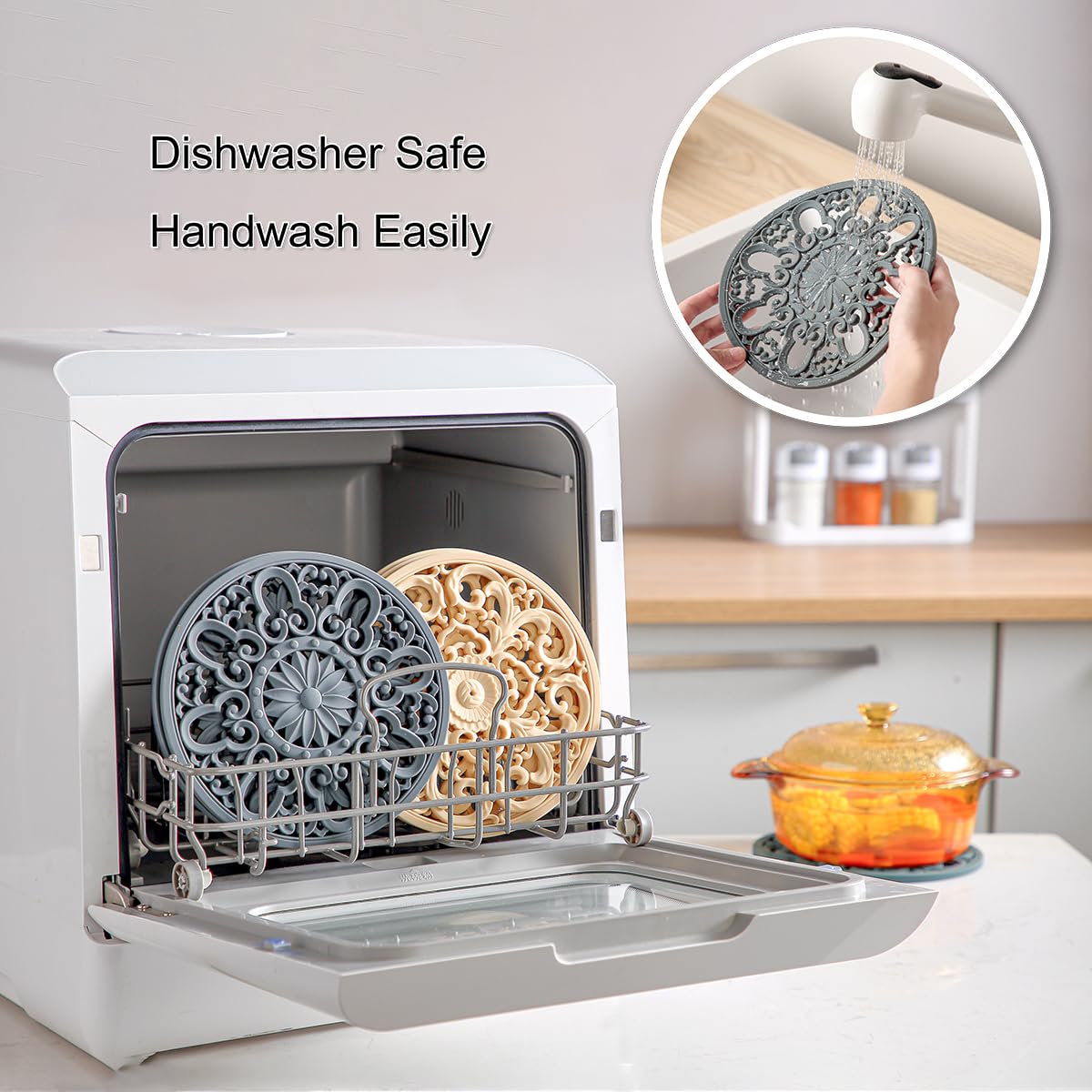 Colinda decorative navy blue trivet designs brighten kitchen and dining areas.