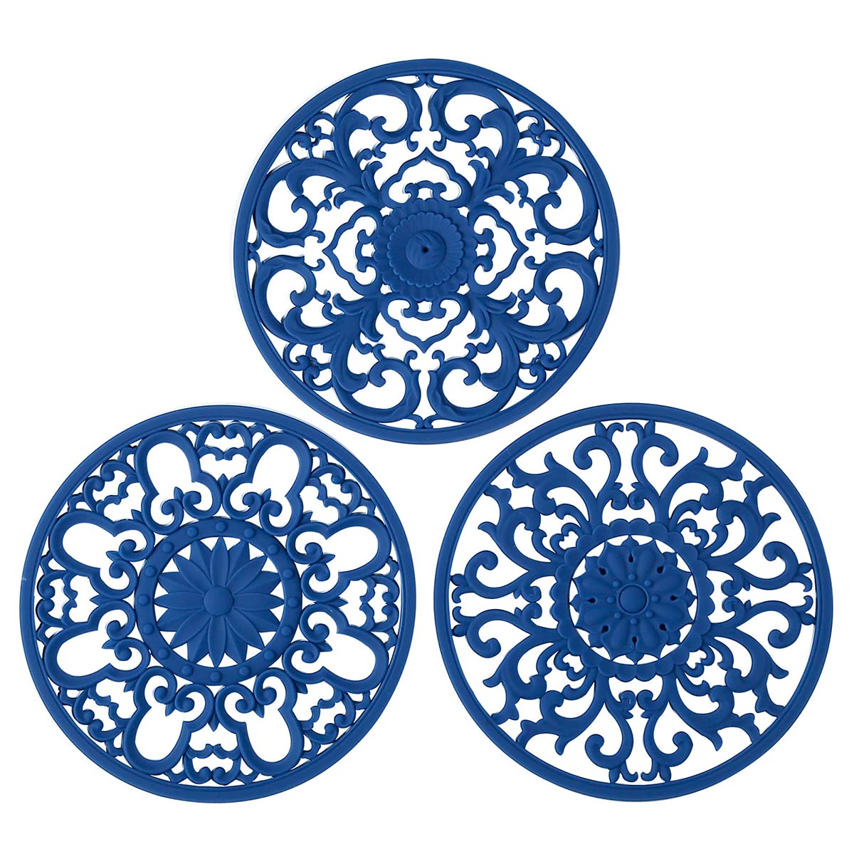 Colinda navy blue trivet set of three protects counters and adds color.