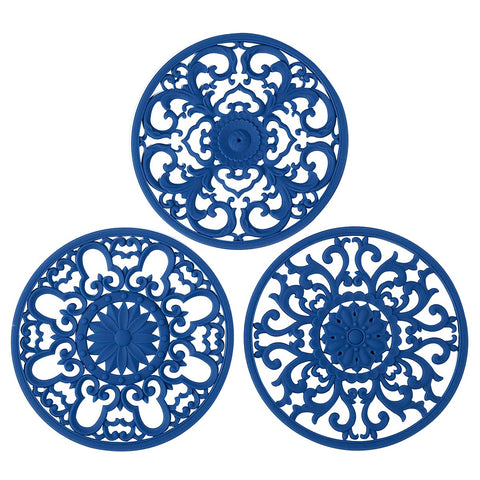 Colinda navy blue trivet set of three protects counters and adds color.