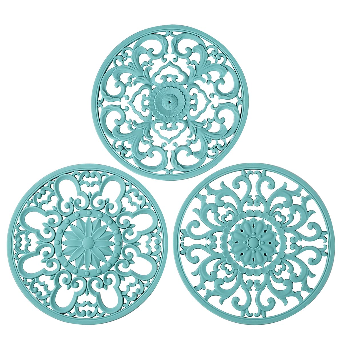Colinda trivet turquoise design A with decorative heat-safe pad for hot dishes.