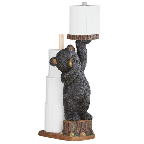 Collections Etc Aurrra Northwoods bear cub toilet paper holder front view enhances bathroom charm.