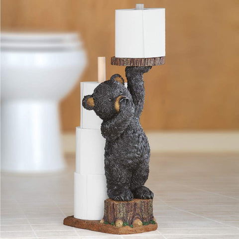 Collections Etc Aurrra Northwoods bear cub holder with spare rolls adds convenient storage.