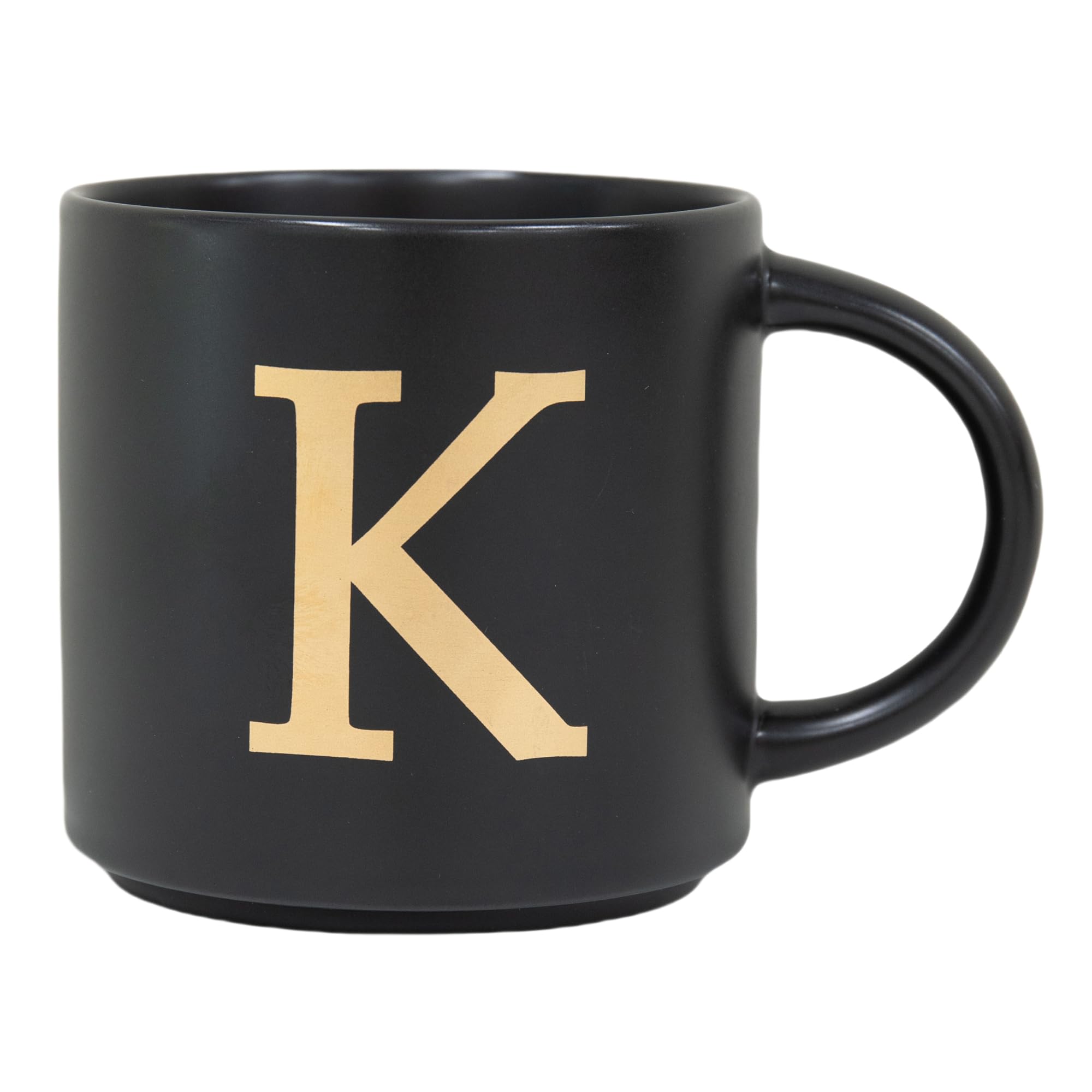COLLECTIVE HOME monogram mug with gold K, front view for elegant coffee rituals.