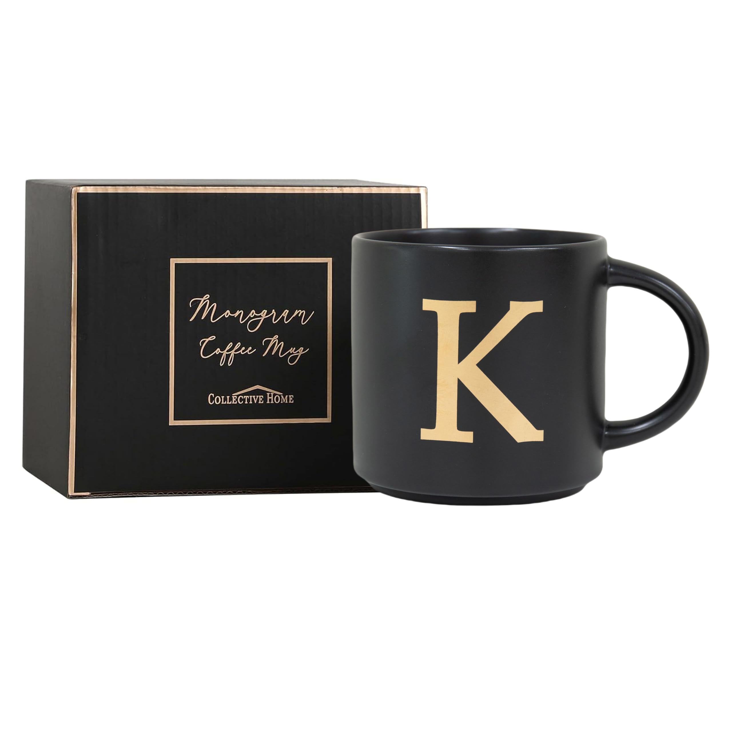 COLLECTIVE HOME monogram mug, side view, 15oz ideal for daily beverages.