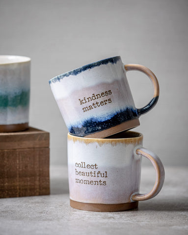 COLLECTIVE HOME Reactive Glaze mug in use with coffee, suitable for hot or cold drinks.