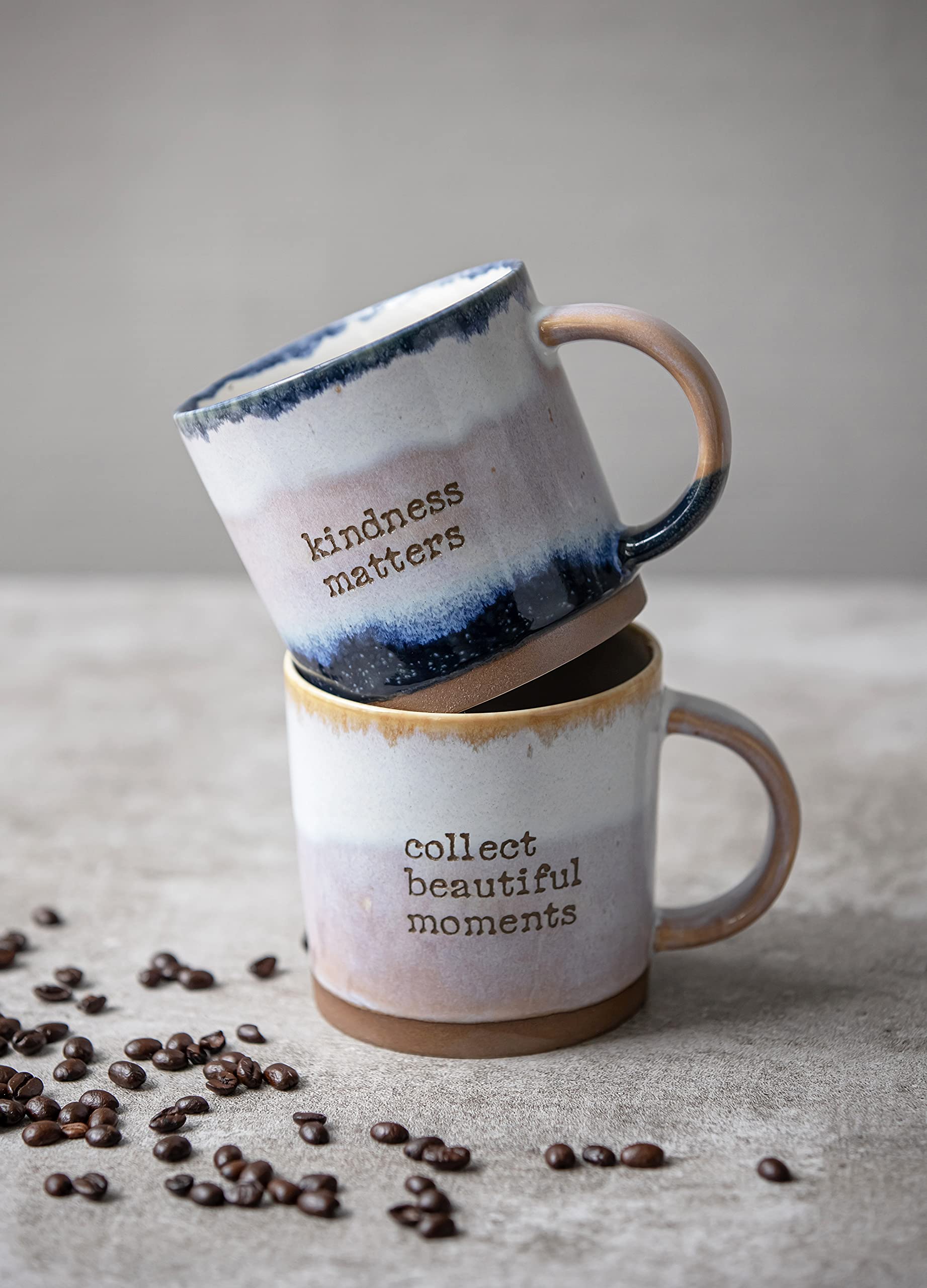 COLLECTIVE HOME Reactive Glaze mug on desk, ideal for hot beverages at work.