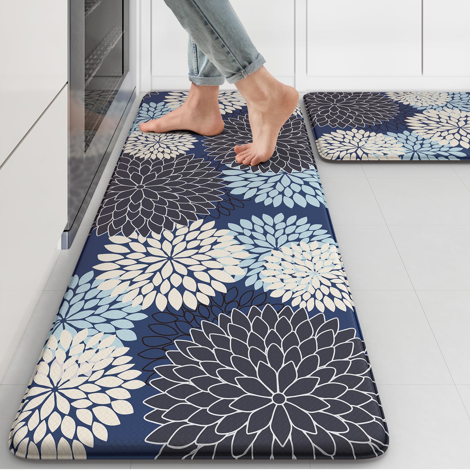 Collive anti-fatigue kitchen mat with blue floral pattern offers cushioned comfort for cooking.