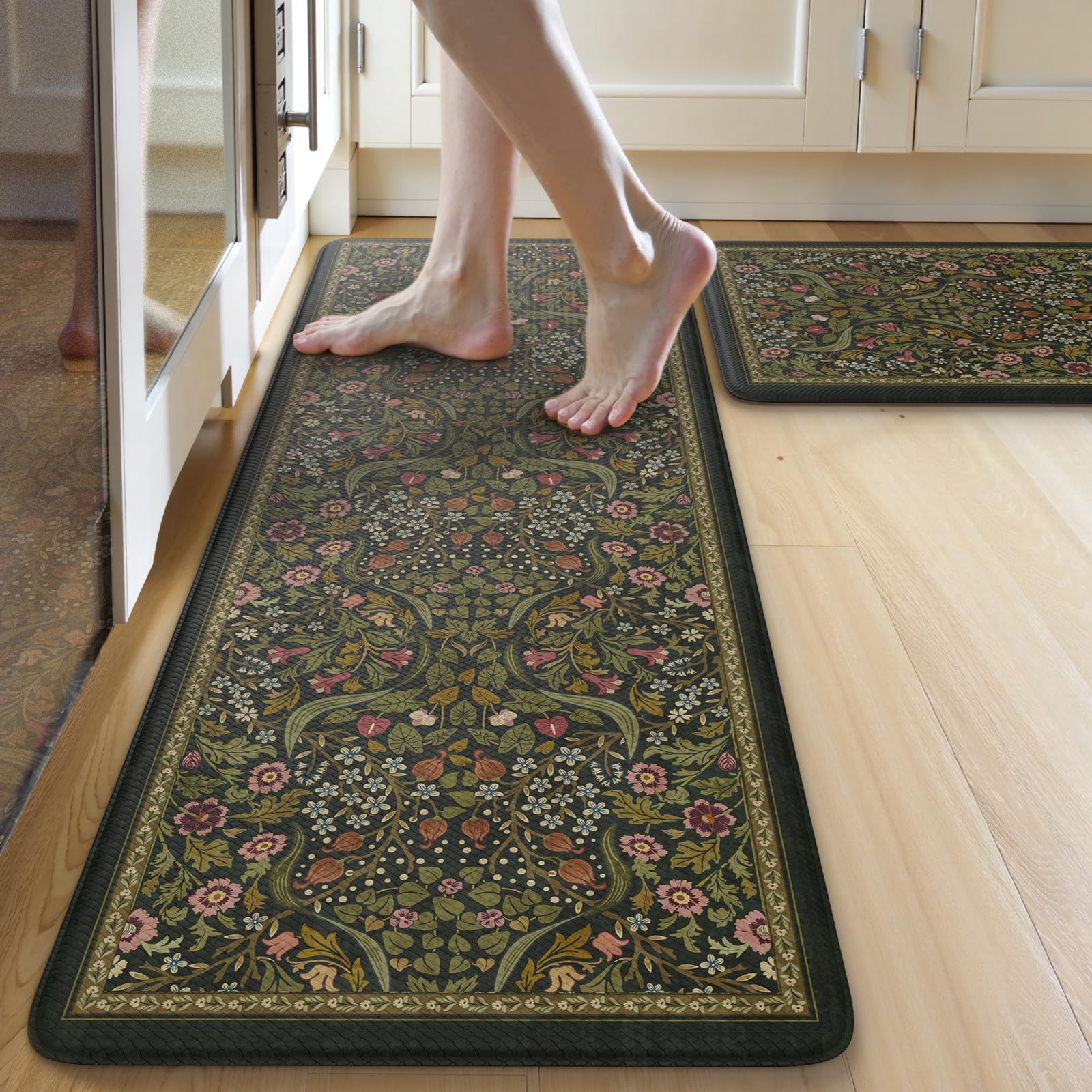 Collive anti fatigue kitchen mat – front view with spring green floral design, boosts comfort.