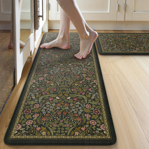 Collive anti fatigue kitchen mat – front view with spring green floral design, boosts comfort.