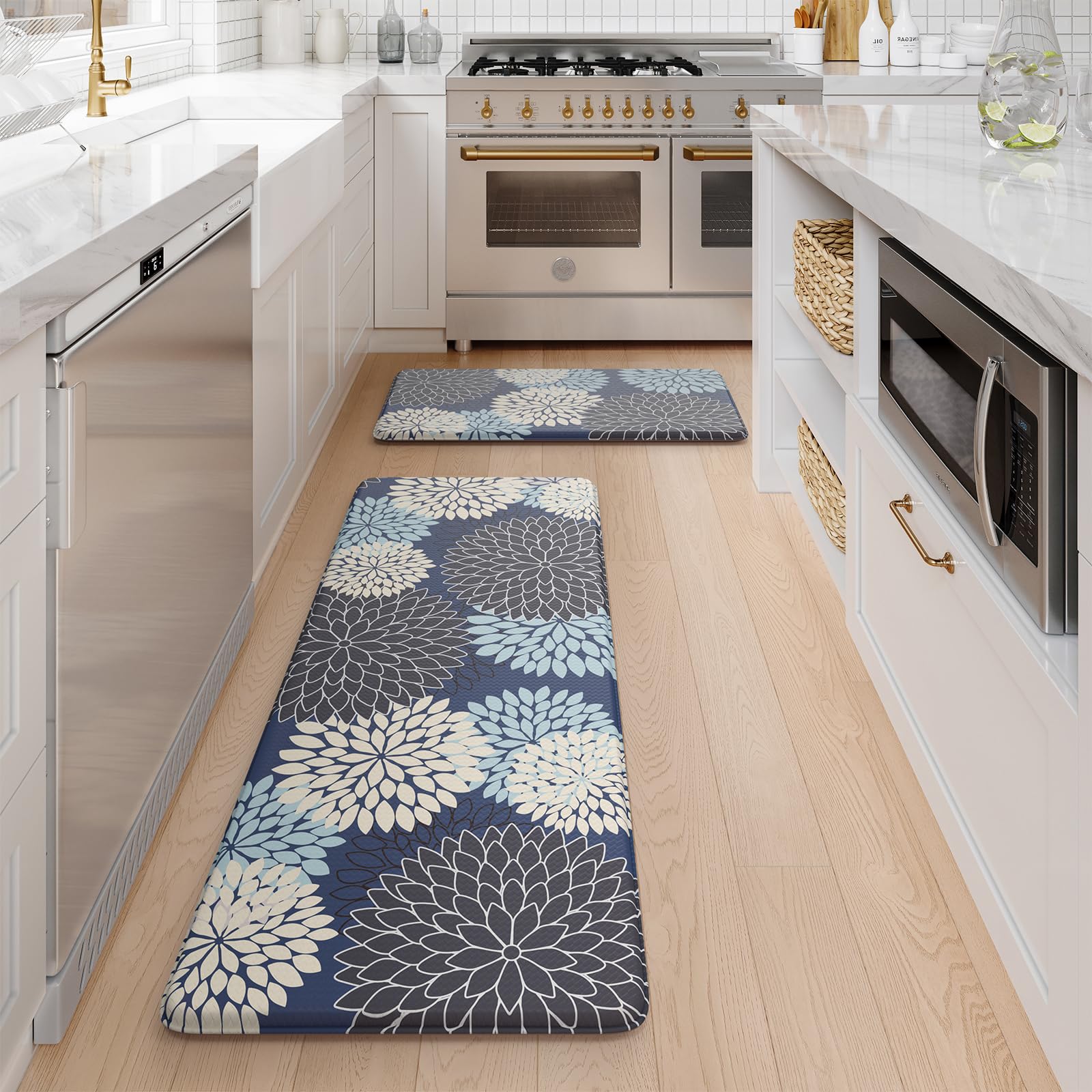 Collive blue boho pattern mat blends farmhouse style with practical comfort.