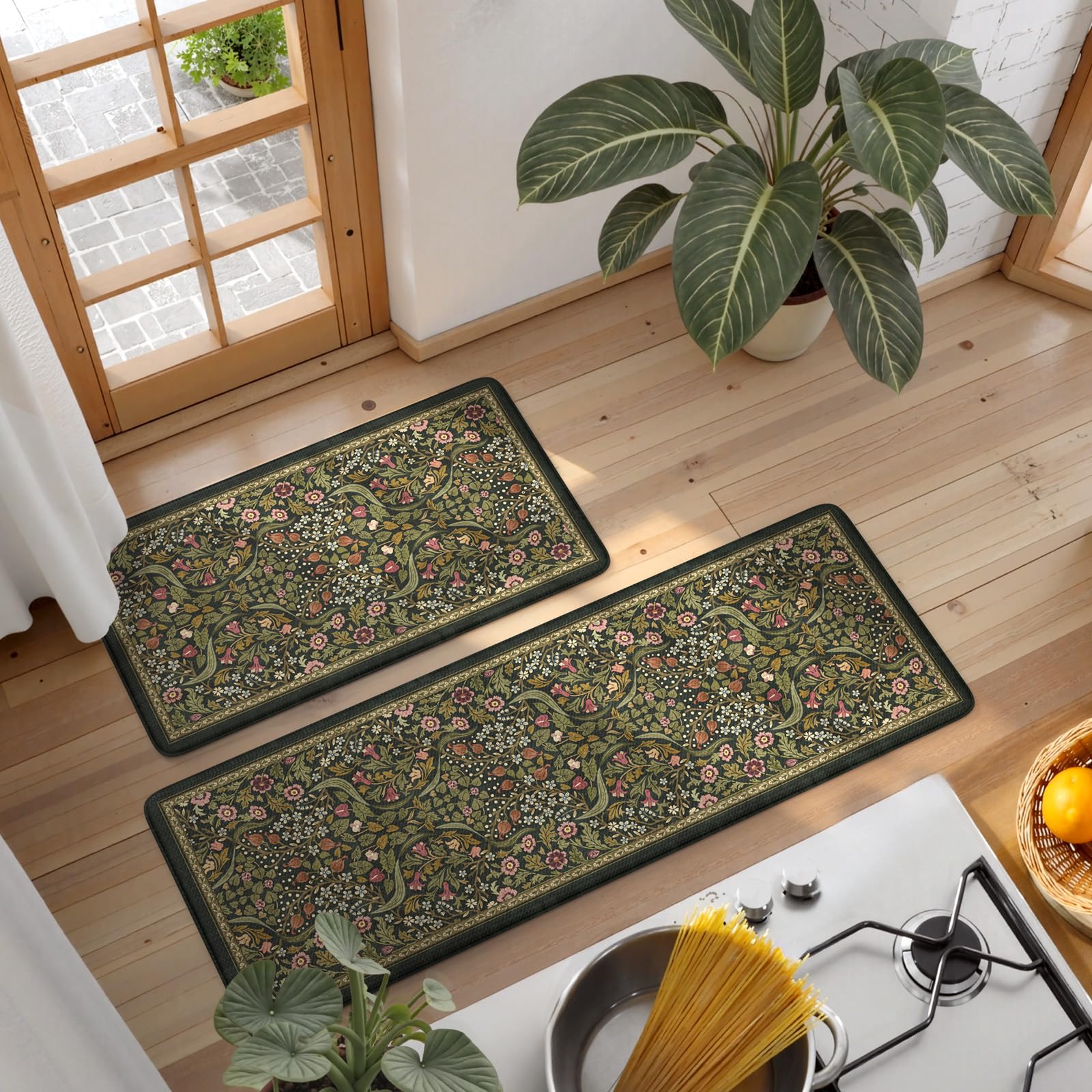 Collive floral kitchen rug; room-scale photo shows versatile placement options.