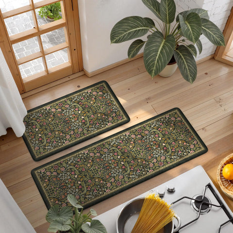 Collive floral kitchen rug; room-scale photo shows versatile placement options.