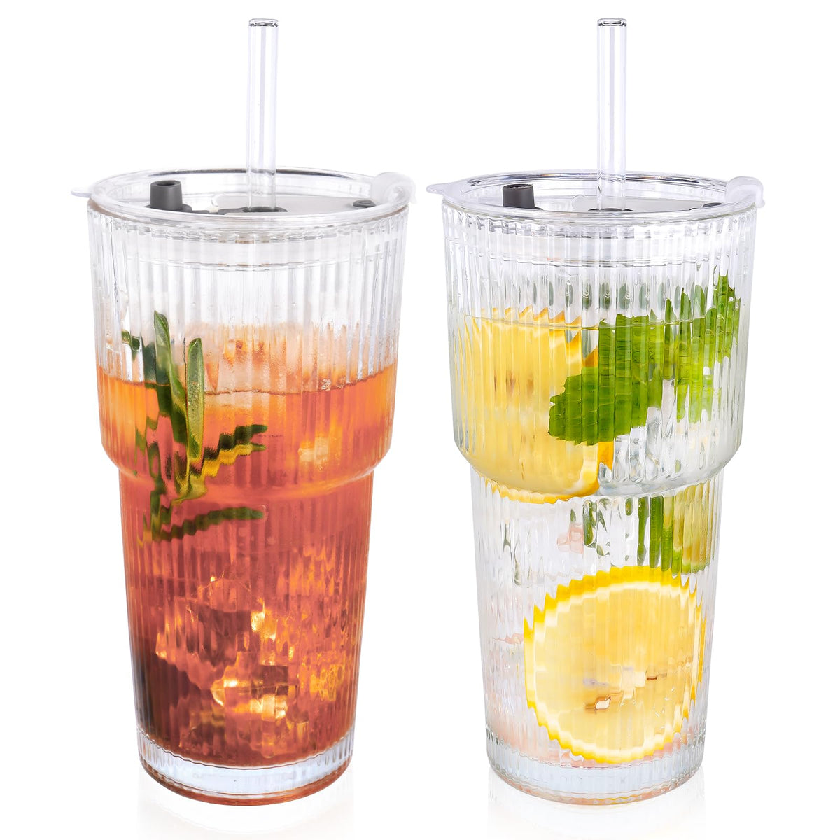 Colnic 2-pack 20oz glass cups with lids and straws on display for everyday drinking.