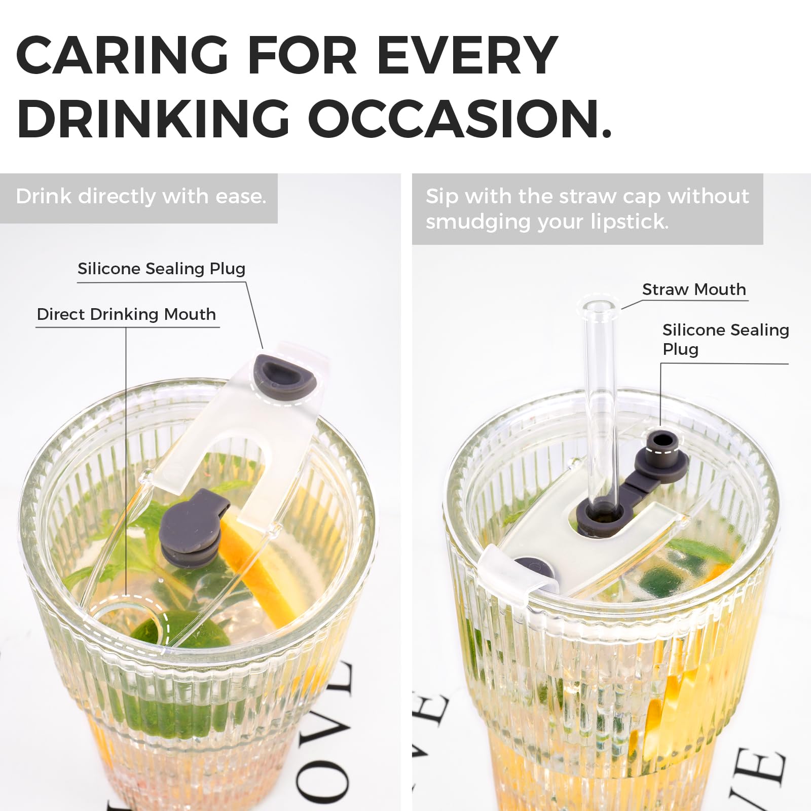 Colnic glass straw included emphasizes reusable sipping option.