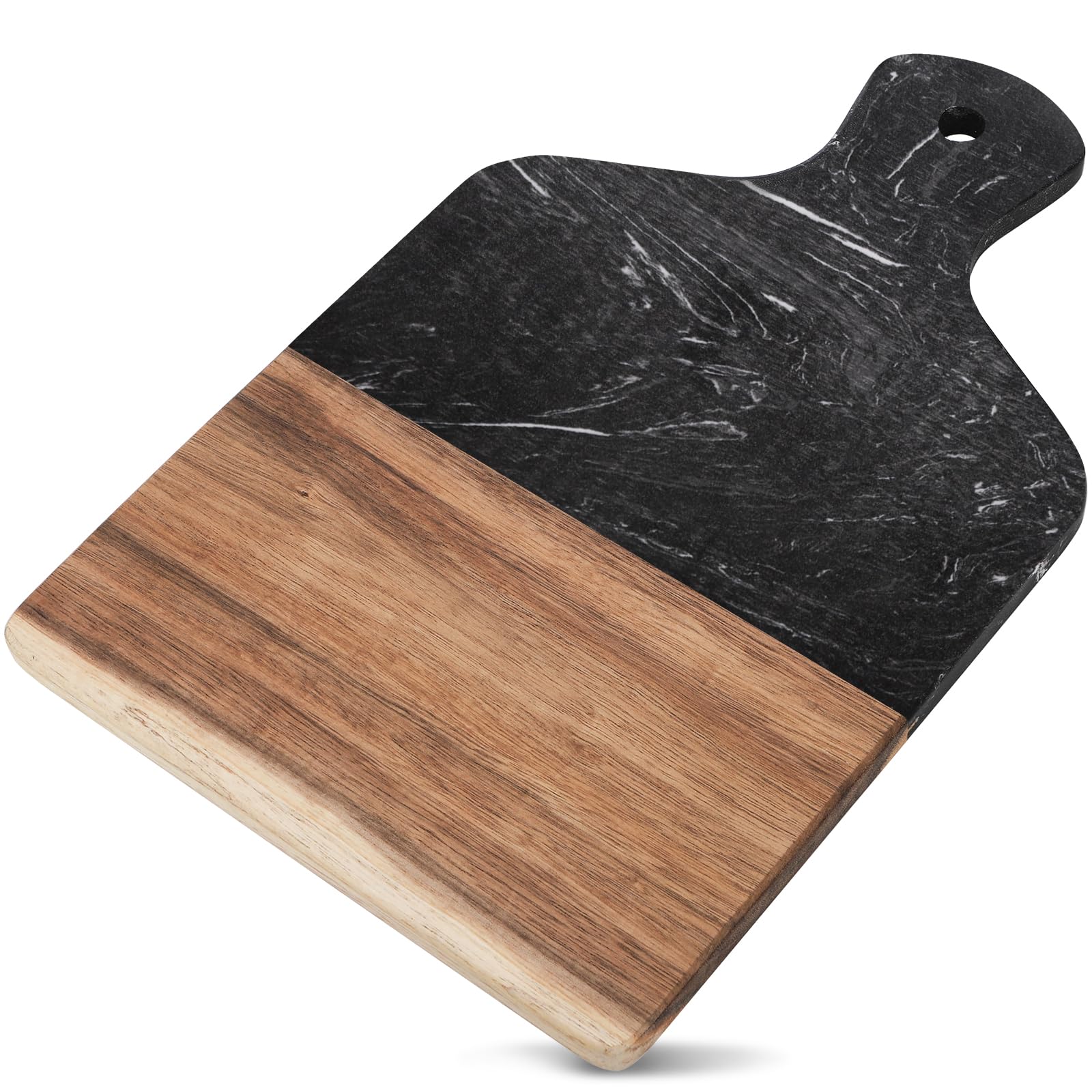Coloch marble-acacia cutting board front view for versatile prep and serving
