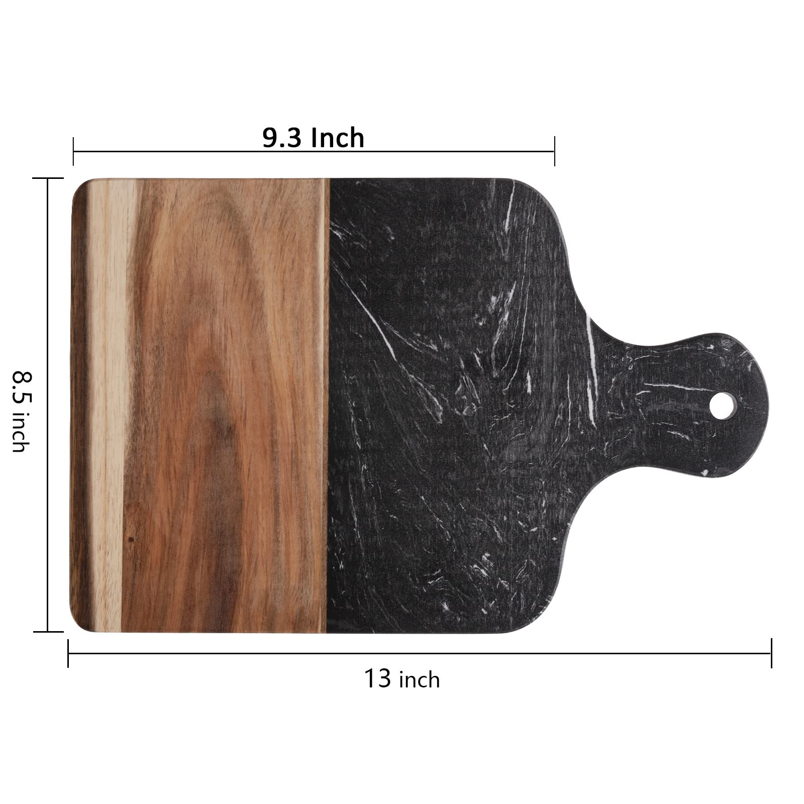 Coloch marble-acacia cutting board handle closeup showing comfortable grip and sturdy construction