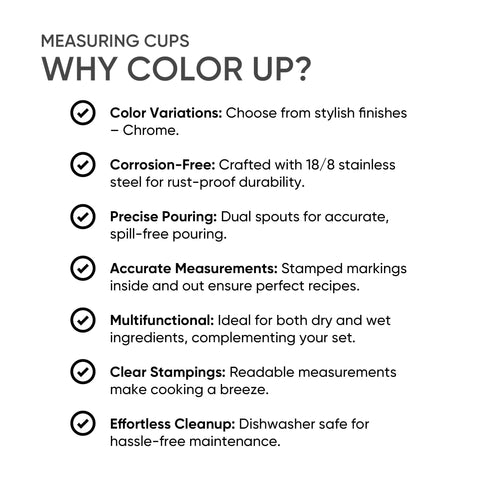 Color Up dishwasher-safe stainless steel measuring cup for quick maintenance.
