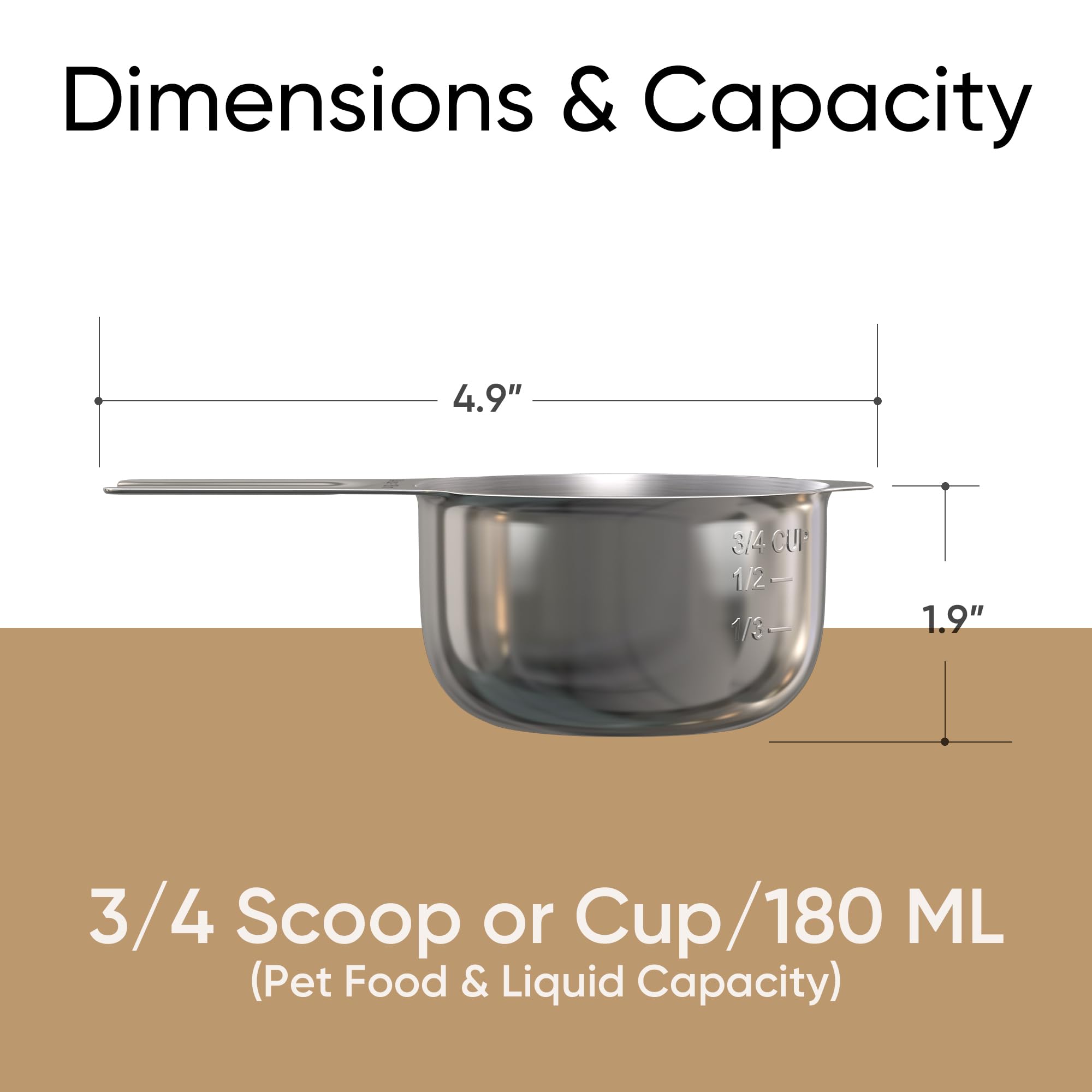 Color Up three-quarter cup pet food scoop shown beside a dog bowl.