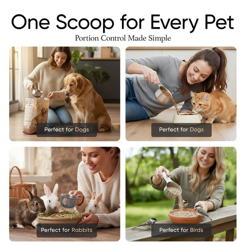 Color Up three-quarter cup pet food scoop close-up on stainless steel surface.