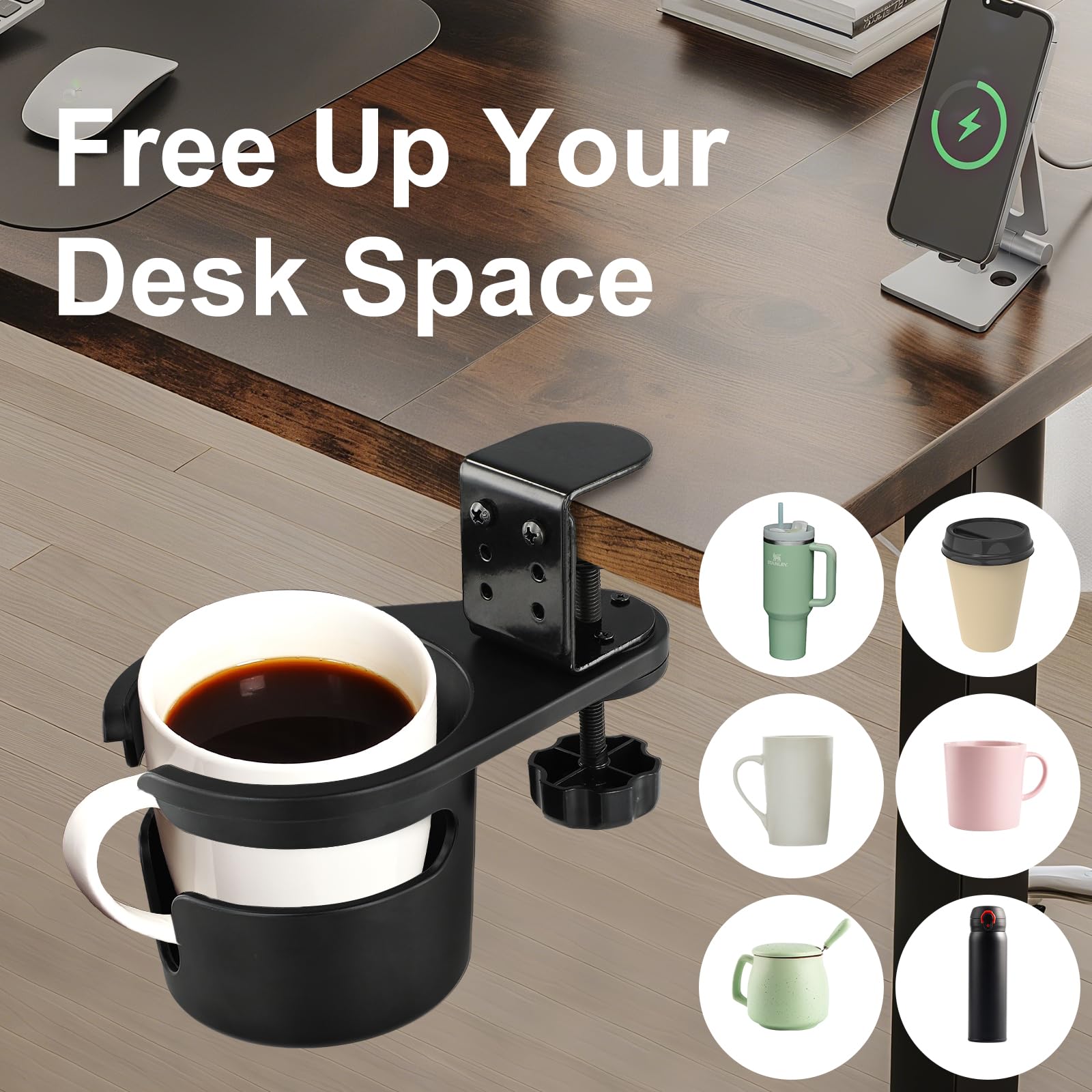 ColorMood Clamp-On Desk Cup Holder installs in seconds without drilling.