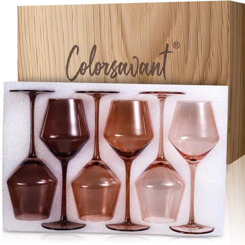Colorsavant brown wine glass close-up, amber stemmed, showcasing elegant thin rim for smooth sipping.