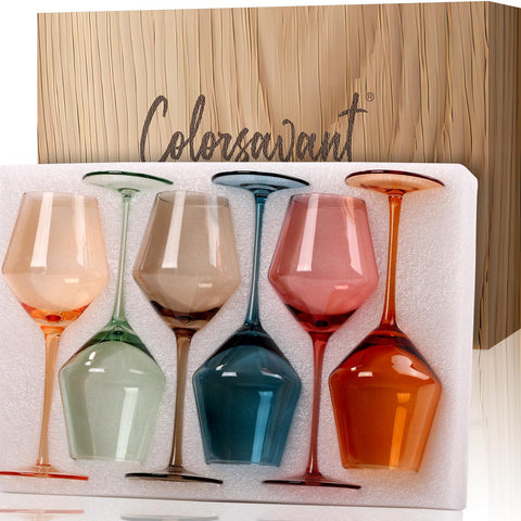 Colorsavant colored wine glasses set of 6 with vibrant hues for easy wine selection at gatherings.