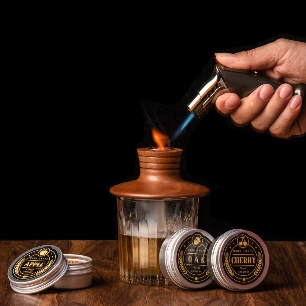 ComboJoy smoker lid and torch setup: quick, home bar sessions with dramatic aroma.