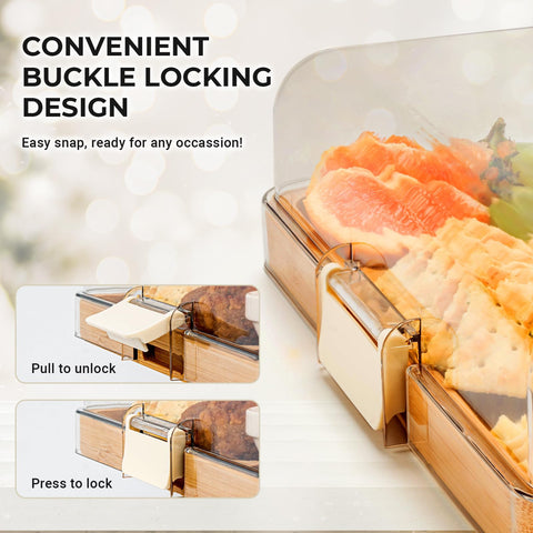 Combler bamboo cheese board buckle lock secures spread for travel.