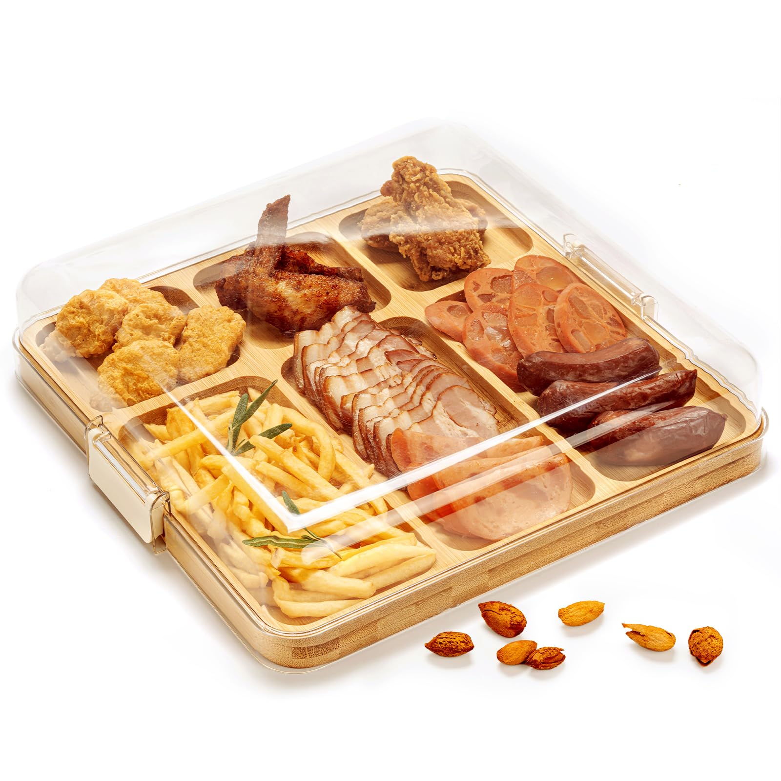 Combler charcuterie board bamboo lid keeps foods fresh during transport.