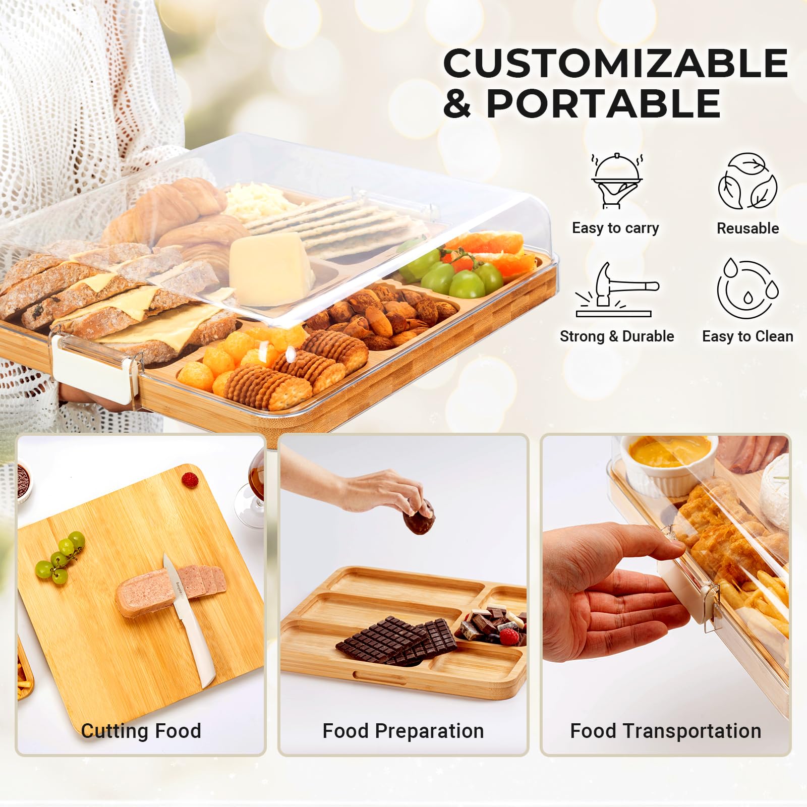 Combler charcuterie board six compartments organize cheeses, fruits, and bites.
