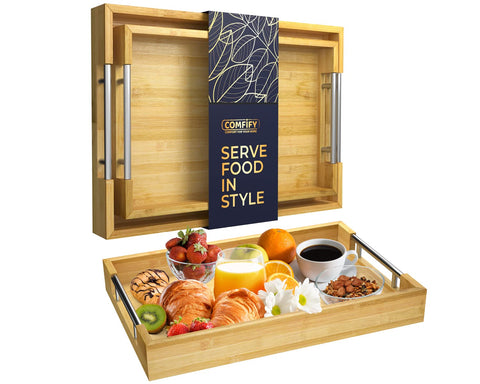 Comfify large bamboo serving tray with silver handles, ideal for breakfast in bed.