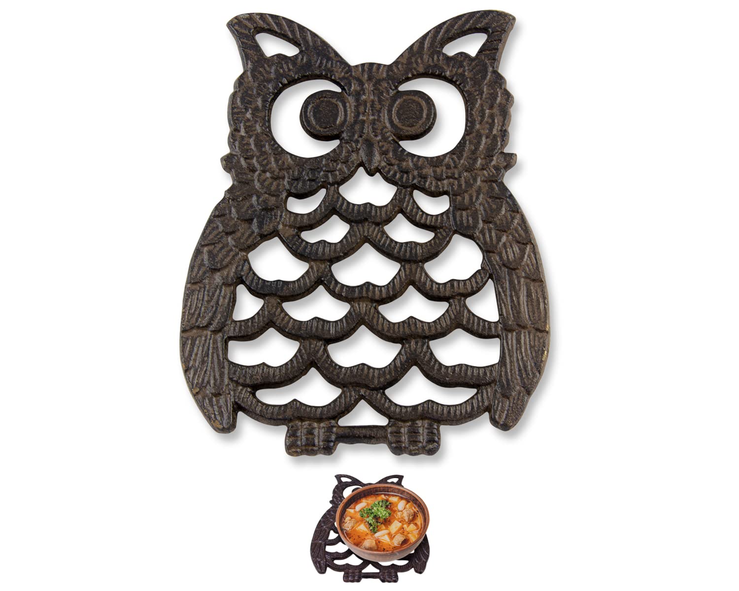 Comfify cast-iron owl trivet in rust brown protects countertops from heat.