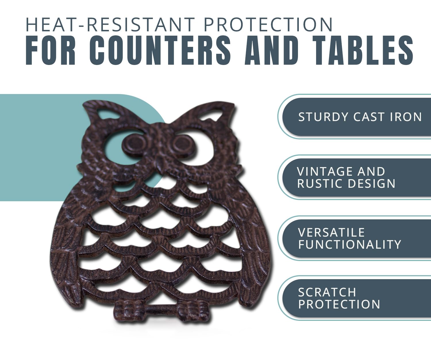Comfify owl trivet with rubber feet protects surfaces and prevents scratches.