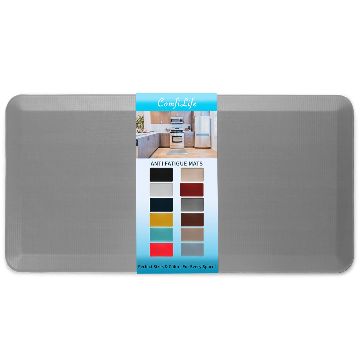 ComfiLife anti-fatigue floor mat in gray cushions long kitchen tasks.