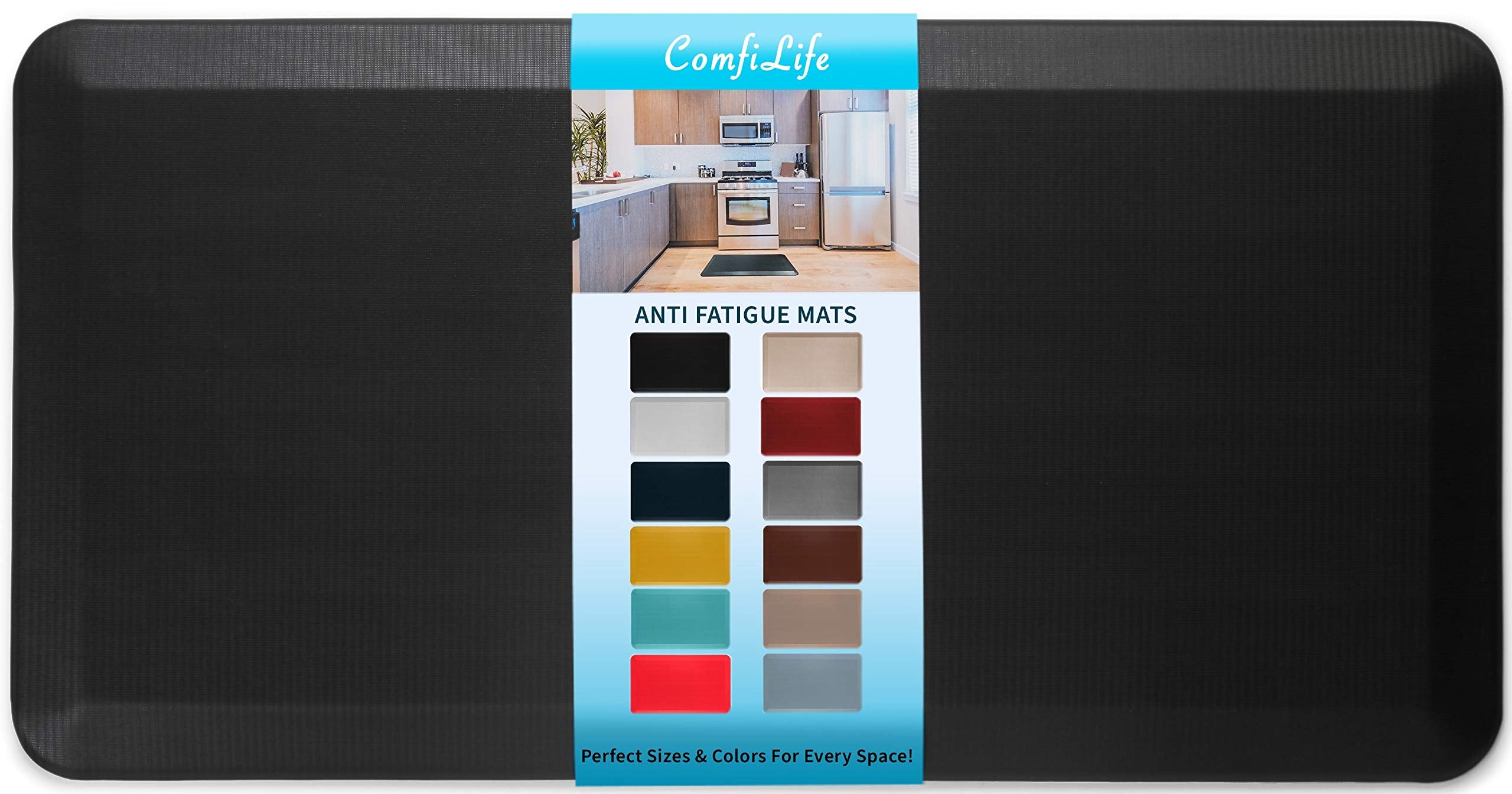ComfiLife anti-fatigue mat with 3/4-inch memory foam cushions feet during kitchen tasks
