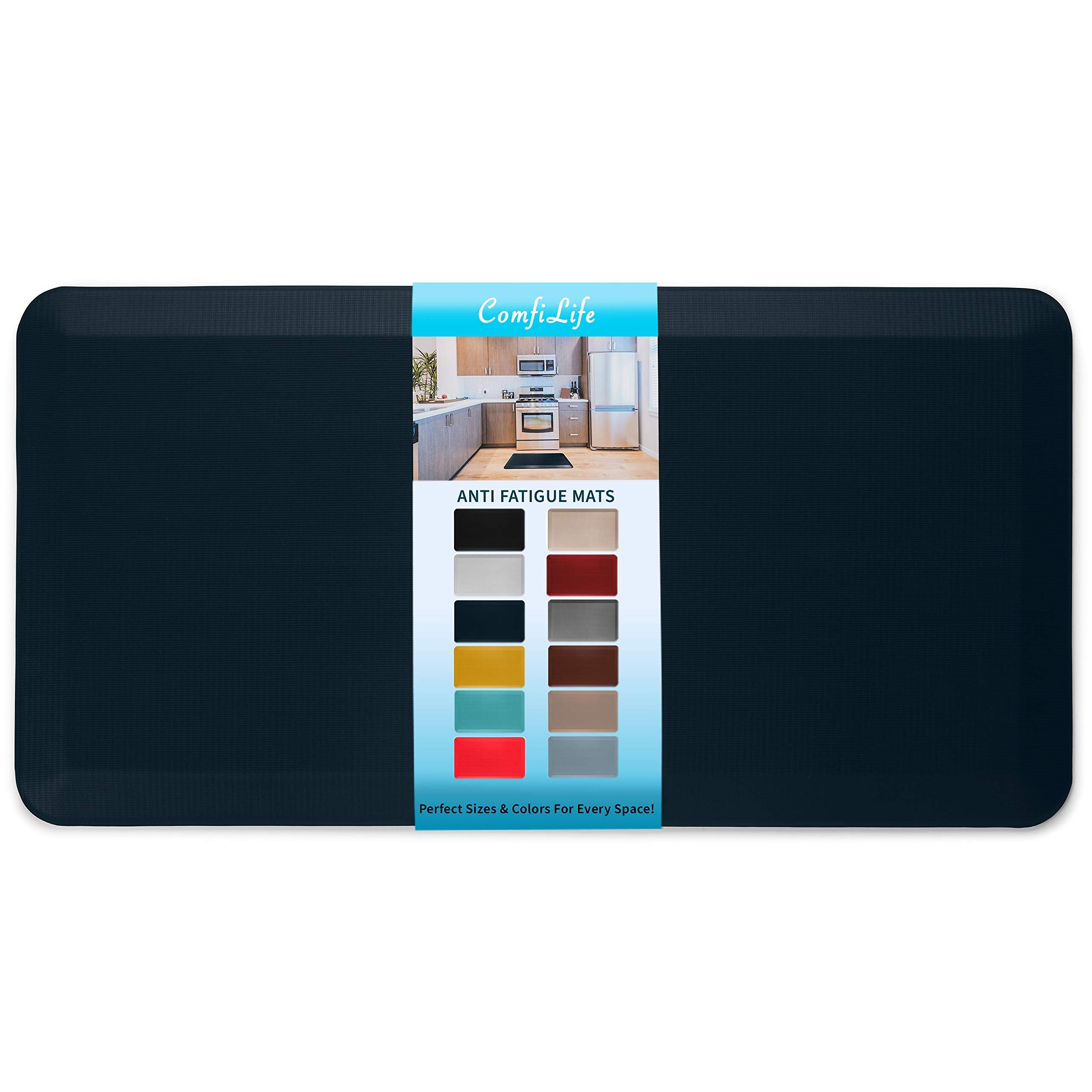 ComfiLife navy anti-fatigue mat with cushioned 3/4 inch memory foam for kitchen comfort.