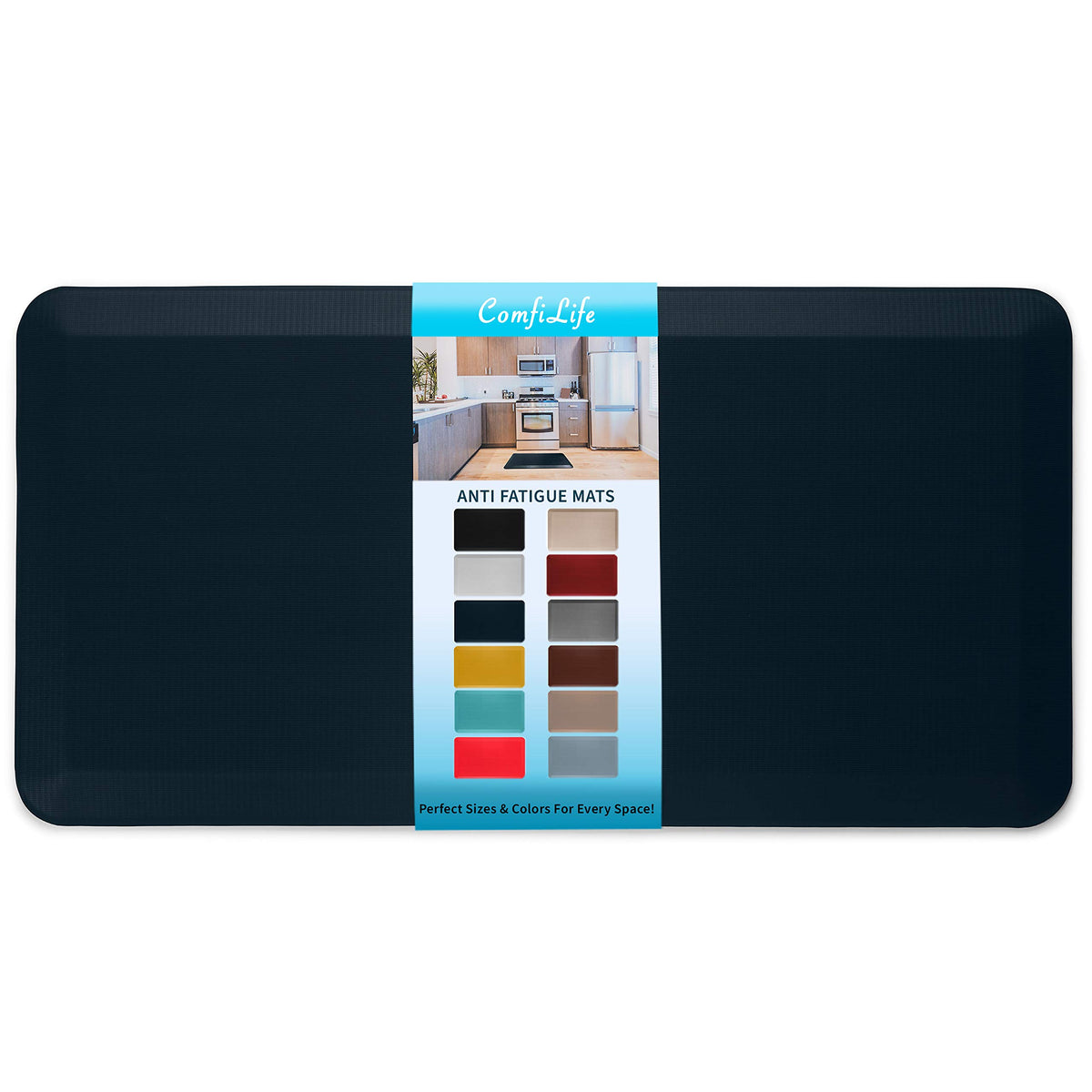 ComfiLife navy anti-fatigue mat with cushioned 3/4 inch memory foam for kitchen comfort.